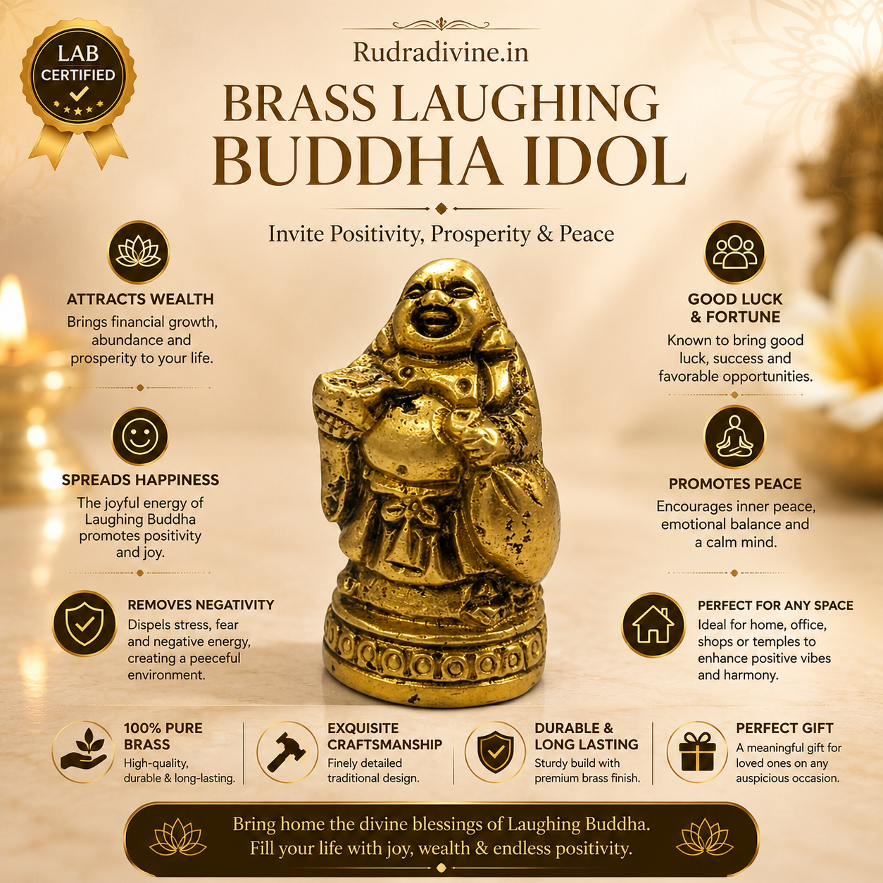 Brass Laughing Buddha Statue crafted from premium brass with official Lab Certificate by Rudradivine for prosperity, happiness, positive energy, wealth, and spiritual home décor.