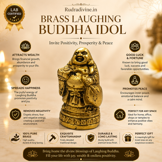 Brass Laughing Buddha Statue crafted from premium brass with official Lab Certificate by Rudradivine for prosperity, happiness, positive energy, wealth, and spiritual home décor.