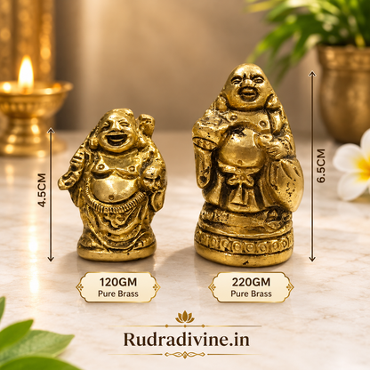 Brass Laughing Buddha Statue crafted from premium brass with official Lab Certificate by Rudradivine for prosperity, happiness, positive energy, wealth, and spiritual home décor.