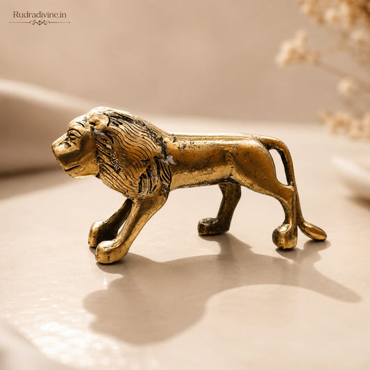 Brass Lion Murti crafted from premium quality brass with official Lab Certificate by Rudradivine for strength, courage, Vastu, protection and elegant spiritual décor.