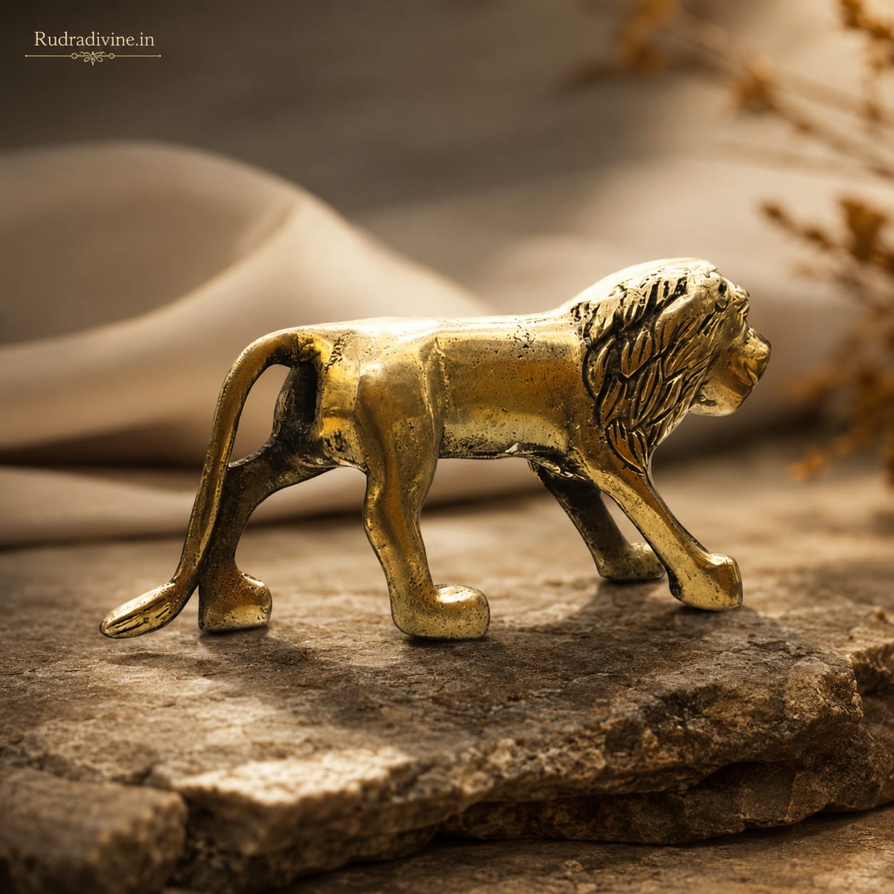 Brass Lion Murti crafted from premium quality brass with official Lab Certificate by Rudradivine for strength, courage, Vastu, protection and elegant spiritual décor.