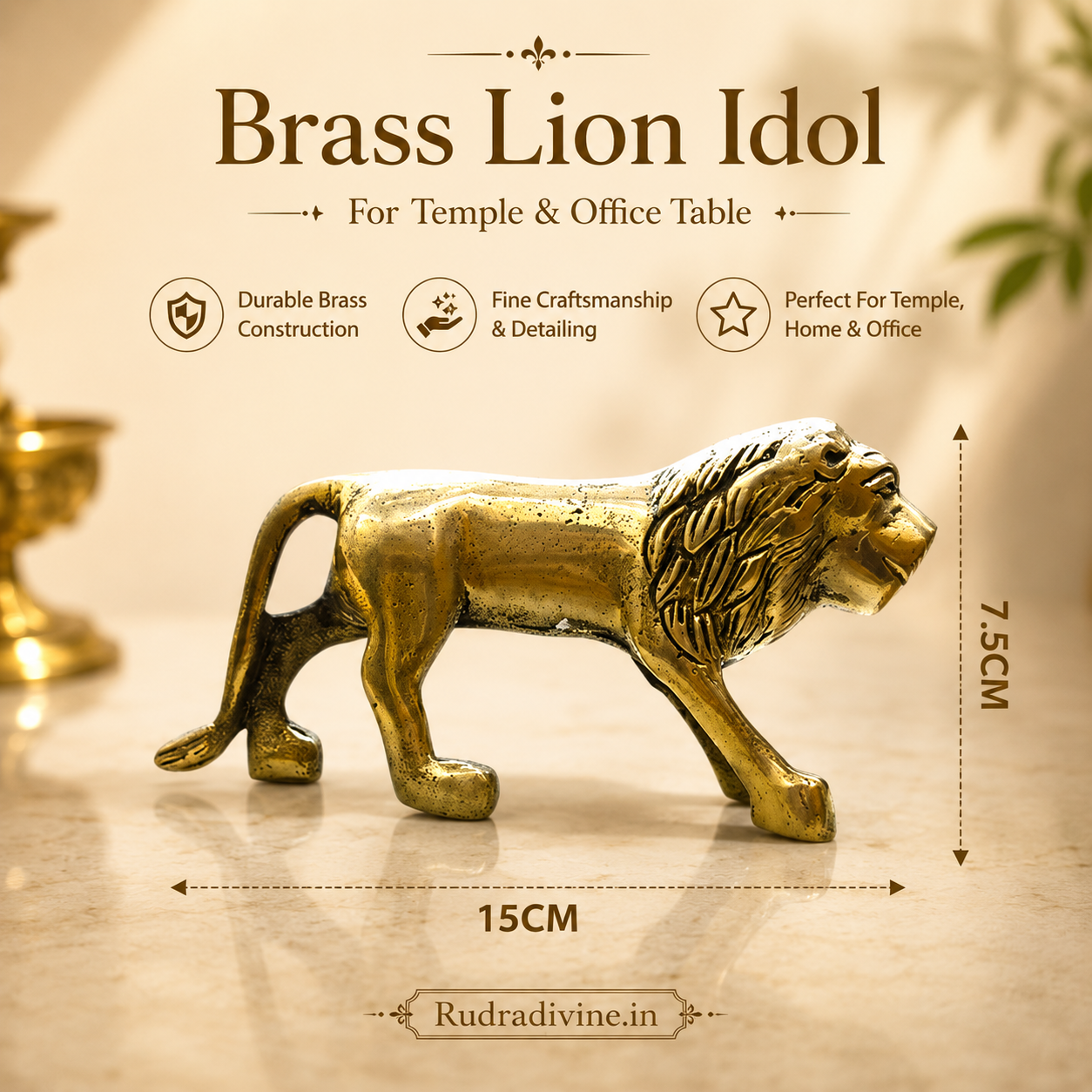 Brass Lion Murti crafted from premium quality brass with official Lab Certificate by Rudradivine for strength, courage, Vastu, protection and elegant spiritual décor.
