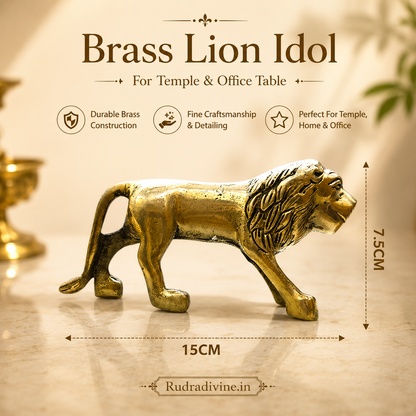 Brass Lion Murti crafted from premium quality brass with official Lab Certificate by Rudradivine for strength, courage, Vastu, protection and elegant spiritual décor.