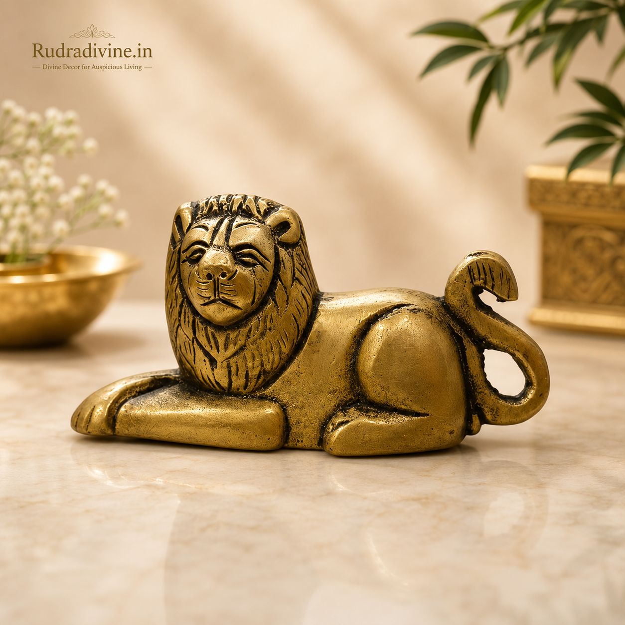 Brass Lion Statue handcrafted from premium brass with official Lab Certificate by Rudradivine for Vastu, home décor, office decoration, and spiritual protection.
