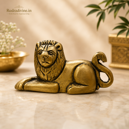 Brass Lion Statue handcrafted from premium brass with official Lab Certificate by Rudradivine for Vastu, home décor, office decoration, and spiritual protection.