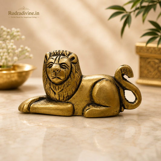 Brass Lion Statue handcrafted from premium brass with official Lab Certificate by Rudradivine for Vastu, home décor, office decoration, and spiritual protection.