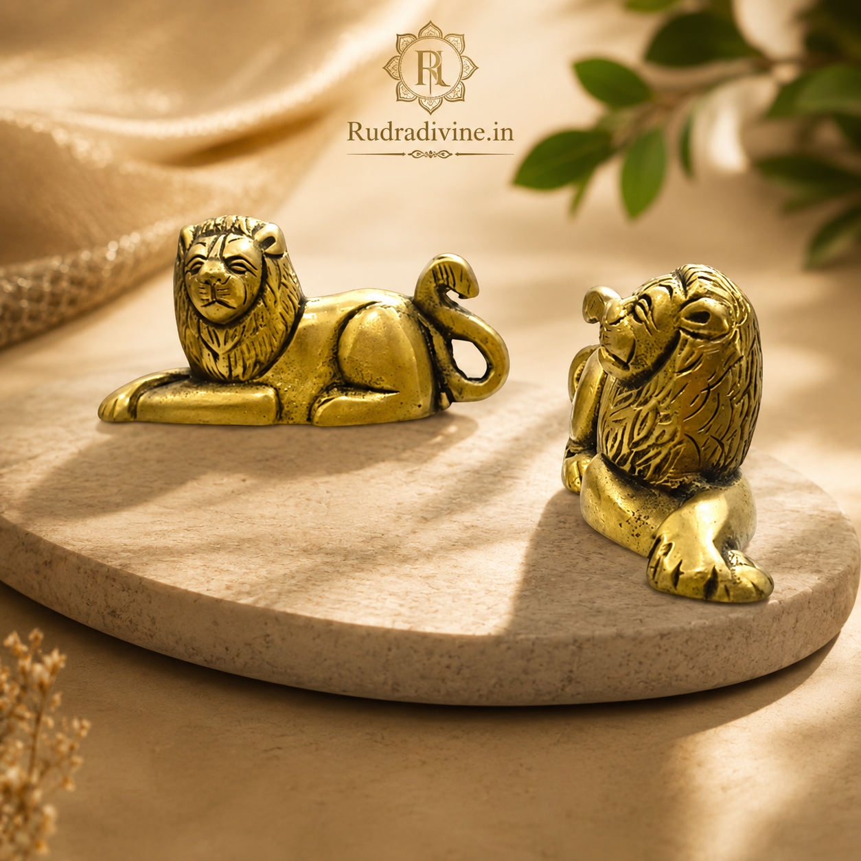 Brass Lion Statue handcrafted from premium brass with official Lab Certificate by Rudradivine for Vastu, home décor, office decoration, and spiritual protection.