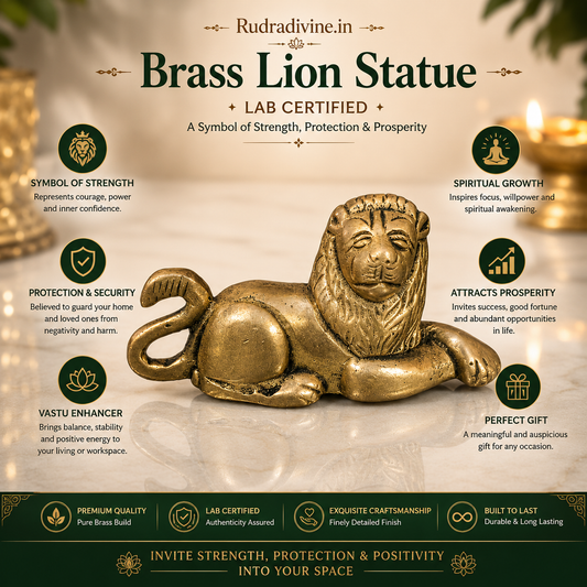 Brass Lion Statue handcrafted from premium brass with official Lab Certificate by Rudradivine for Vastu, home décor, office decoration, and spiritual protection.