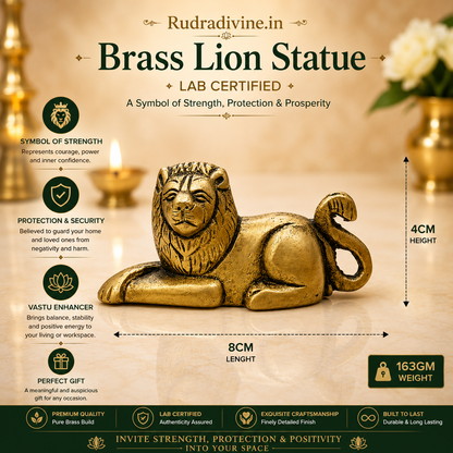 Brass Lion Statue handcrafted from premium brass with official Lab Certificate by Rudradivine for Vastu, home décor, office decoration, and spiritual protection.