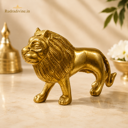 Premium Brass Lion Statue with intricate craftsmanship and official Lab Certificate by Rudradivine for home décor, office, Vastu, protection, and elegant interiors.