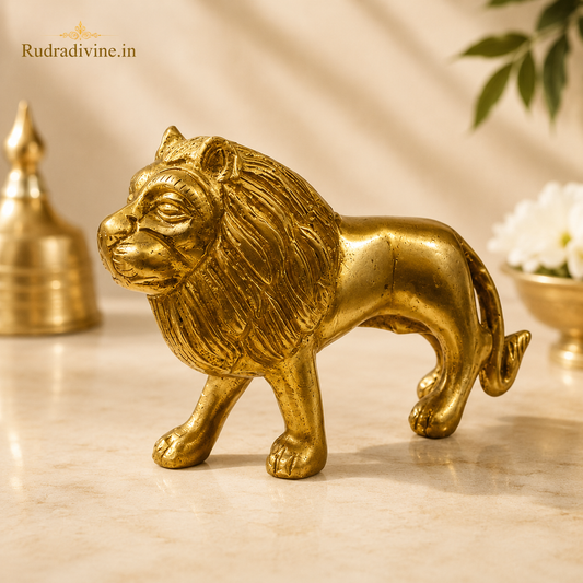 Premium Brass Lion Statue with intricate craftsmanship and official Lab Certificate by Rudradivine for home décor, office, Vastu, protection, and elegant interiors.