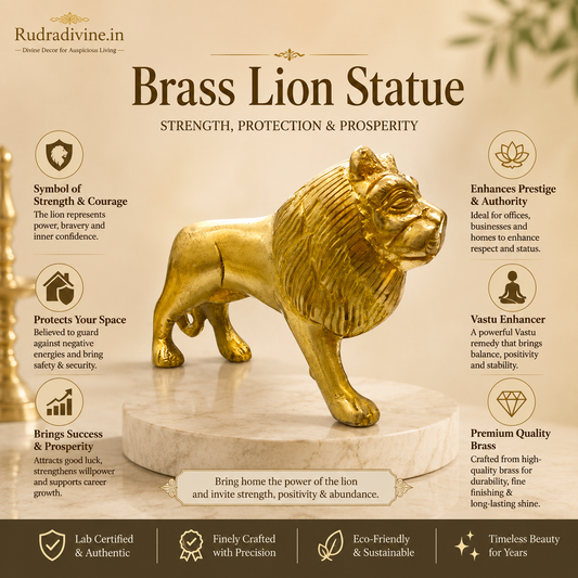Premium Brass Lion Statue with intricate craftsmanship and official Lab Certificate by Rudradivine for home décor, office, Vastu, protection, and elegant interiors.