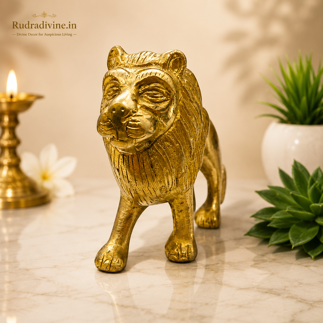Premium Brass Lion Statue with intricate craftsmanship and official Lab Certificate by Rudradivine for home décor, office, Vastu, protection, and elegant interiors.