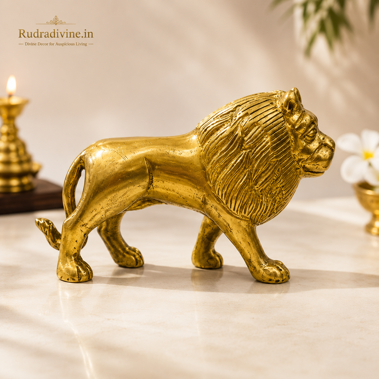 Premium Brass Lion Statue with intricate craftsmanship and official Lab Certificate by Rudradivine for home décor, office, Vastu, protection, and elegant interiors.