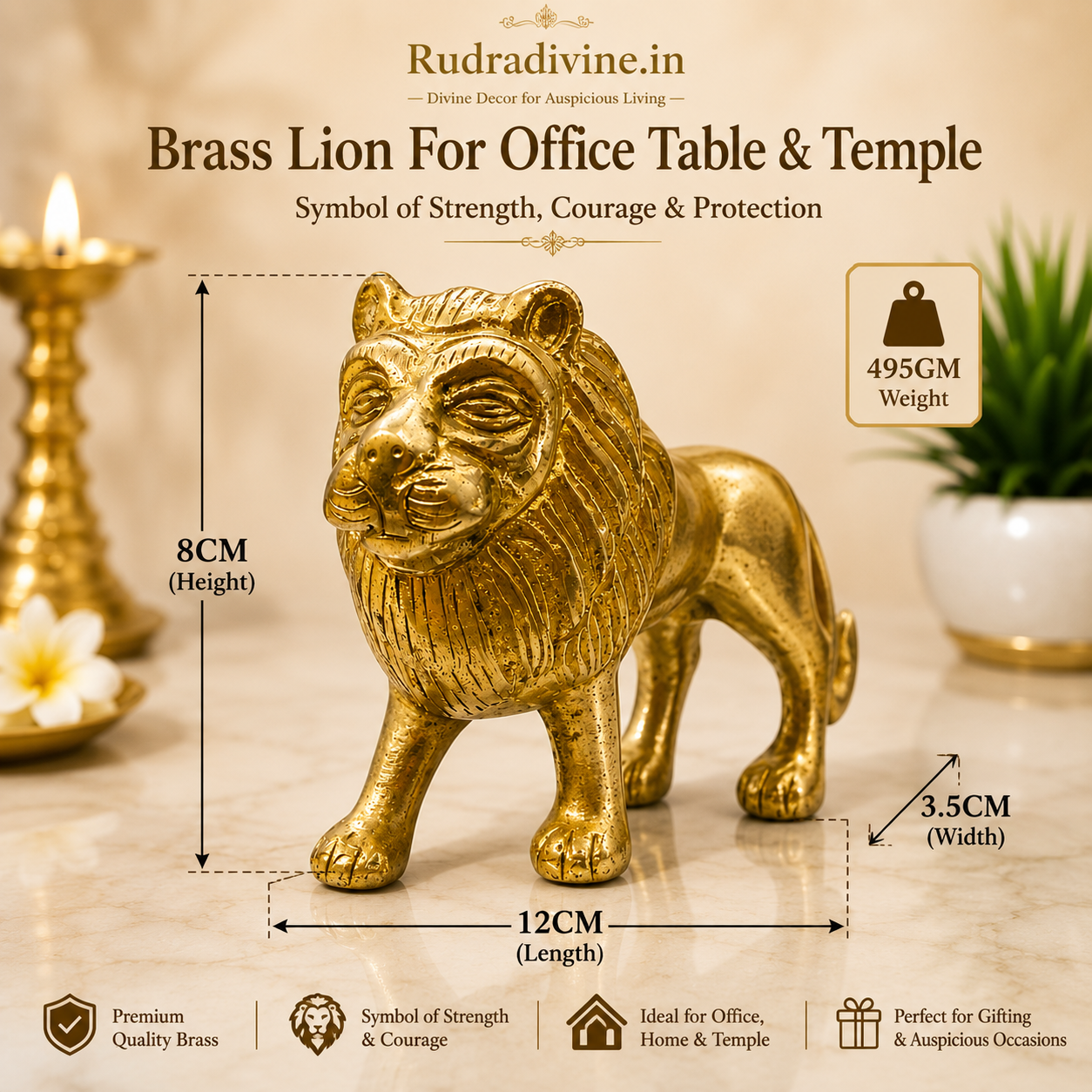 Premium Brass Lion Statue with intricate craftsmanship and official Lab Certificate by Rudradivine for home décor, office, Vastu, protection, and elegant interiors.