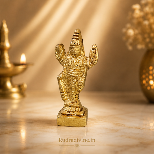 Brass Lord Vishnu Idol with premium brass finish and official Lab Certificate by Rudradivine, ideal for home temple, pooja, spiritual décor, and devotional worship.
