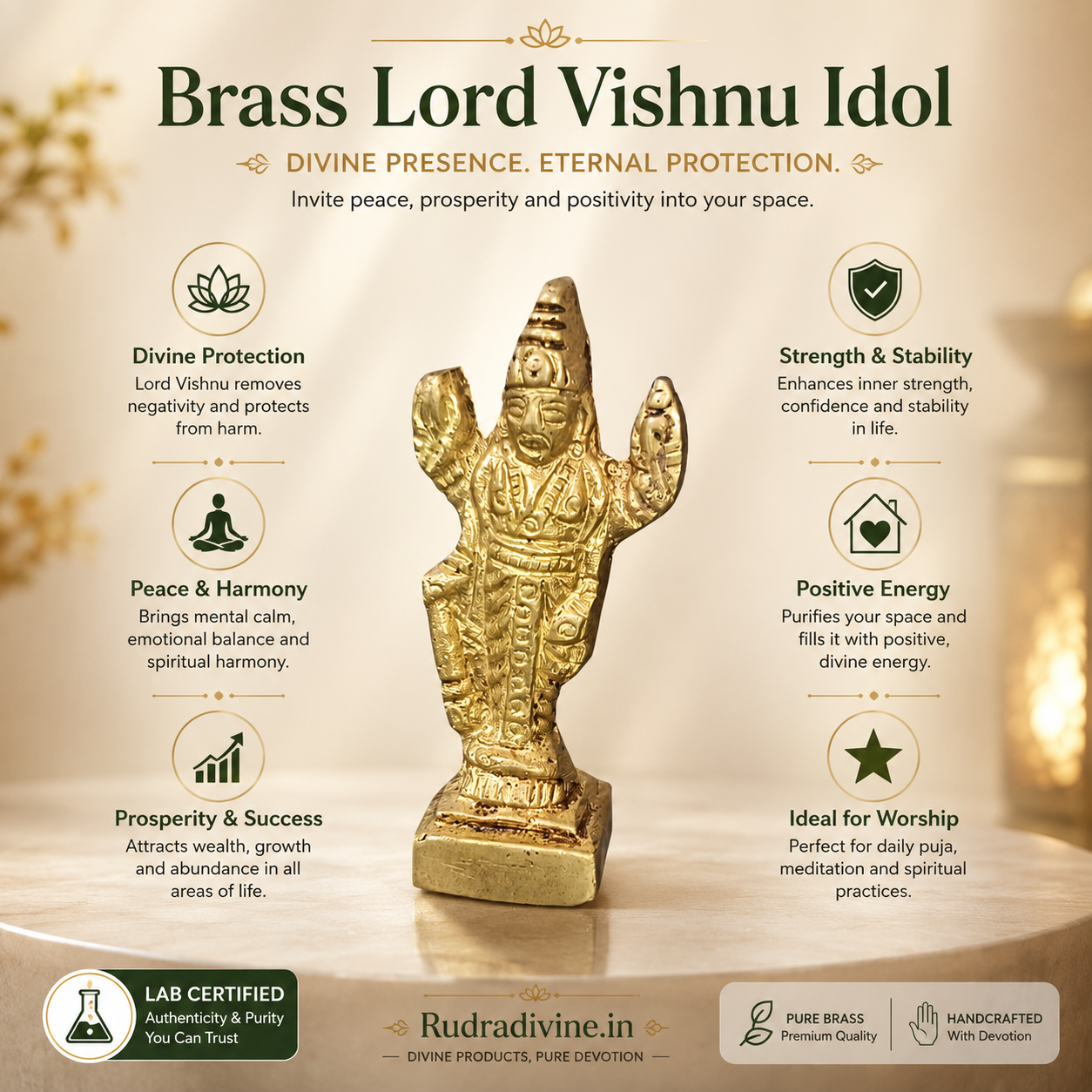 Brass Lord Vishnu Idol with premium brass finish and official Lab Certificate by Rudradivine, ideal for home temple, pooja, spiritual décor, and devotional worship.
