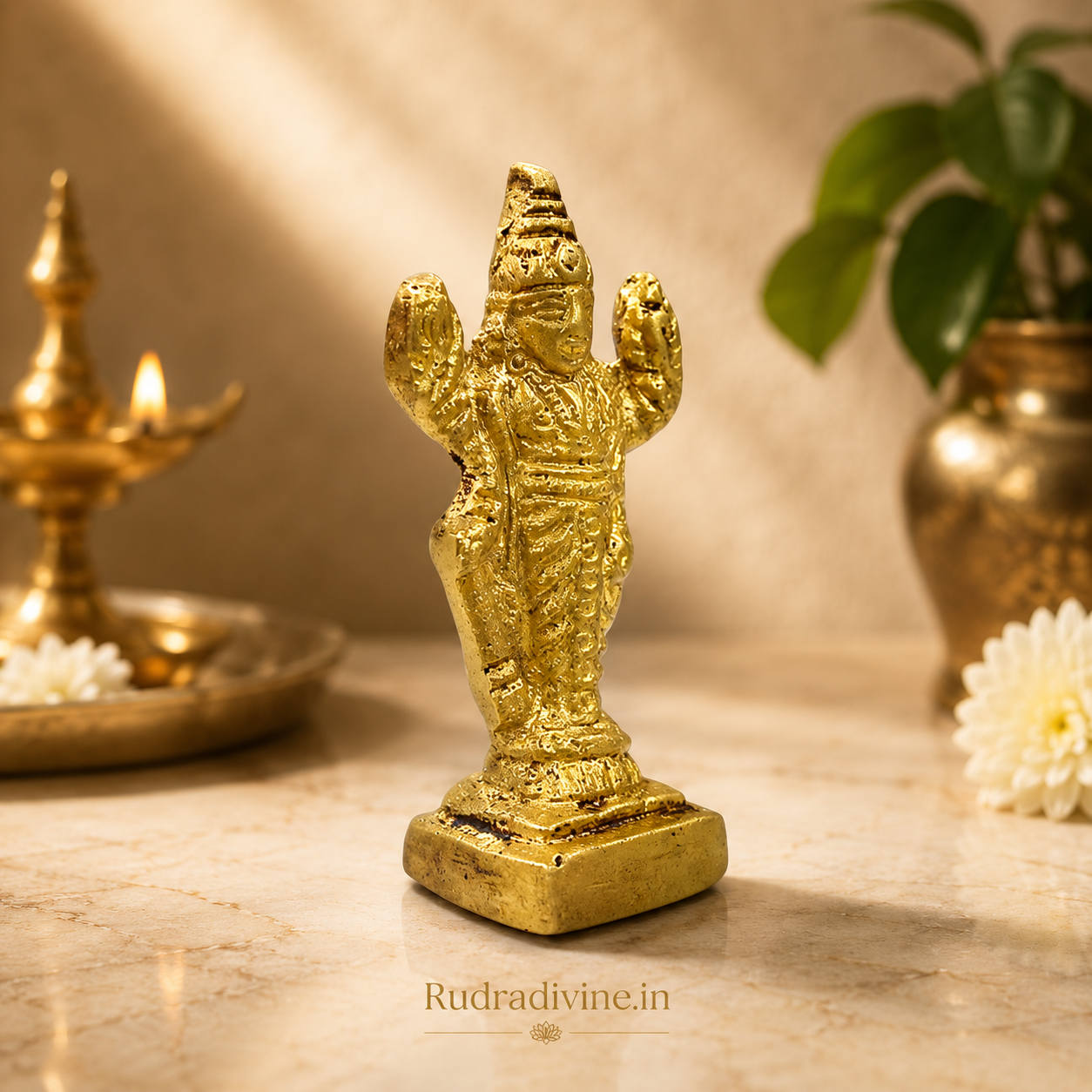 Brass Lord Vishnu Idol with premium brass finish and official Lab Certificate by Rudradivine, ideal for home temple, pooja, spiritual décor, and devotional worship.