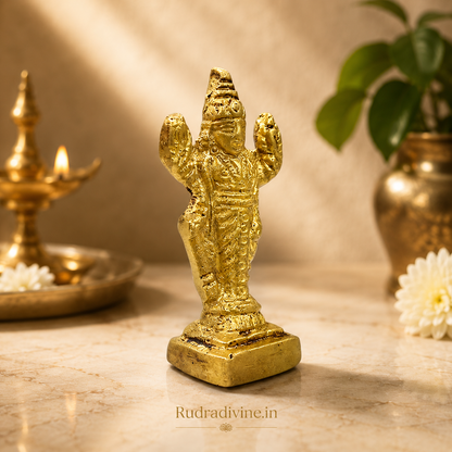 Brass Lord Vishnu Idol with premium brass finish and official Lab Certificate by Rudradivine, ideal for home temple, pooja, spiritual décor, and devotional worship.