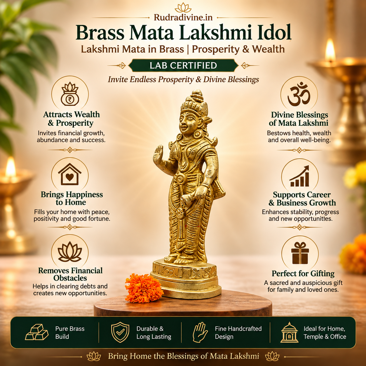 Brass Mata Lakshmi Idol crafted from premium pure brass with official Lab Certificate by Rudradivine for wealth, prosperity, home temple worship and divine blessings.