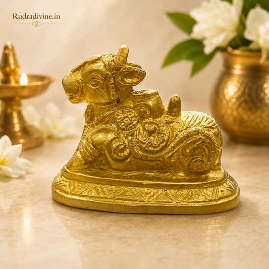 Brass Nandi Idol crafted in premium brass with official Lab Certificate by Rudradivine for Shiv puja, Vastu, home temple décor and spiritual blessings.