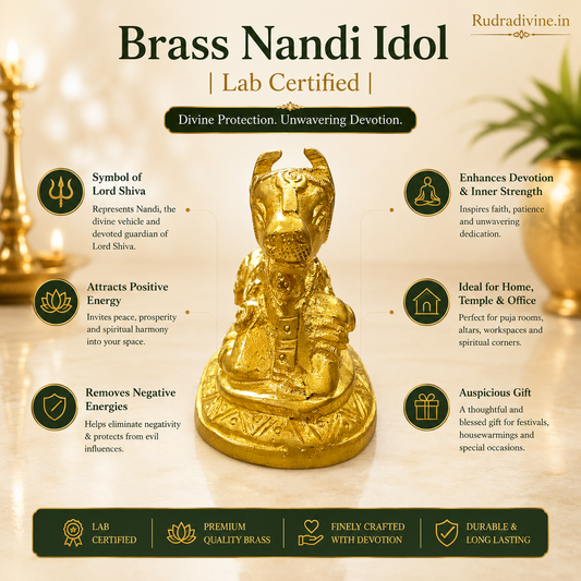 Brass Nandi Idol crafted in premium brass with official Lab Certificate by Rudradivine for Shiv puja, Vastu, home temple décor and spiritual blessings.