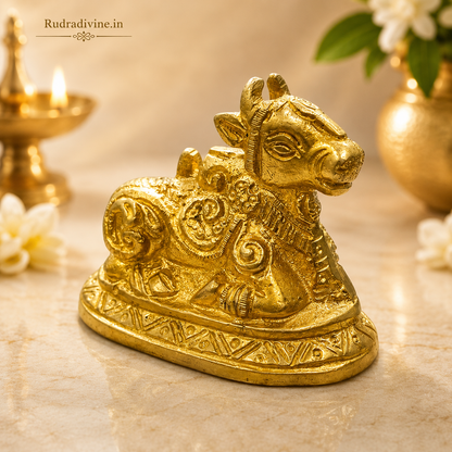 Brass Nandi Idol crafted in premium brass with official Lab Certificate by Rudradivine for Shiv puja, Vastu, home temple décor and spiritual blessings.