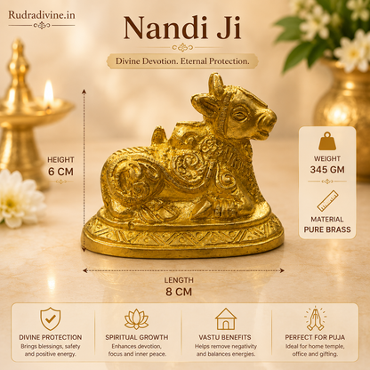 Brass Nandi Idol crafted in premium brass with official Lab Certificate by Rudradivine for Shiv puja, Vastu, home temple décor and spiritual blessings.