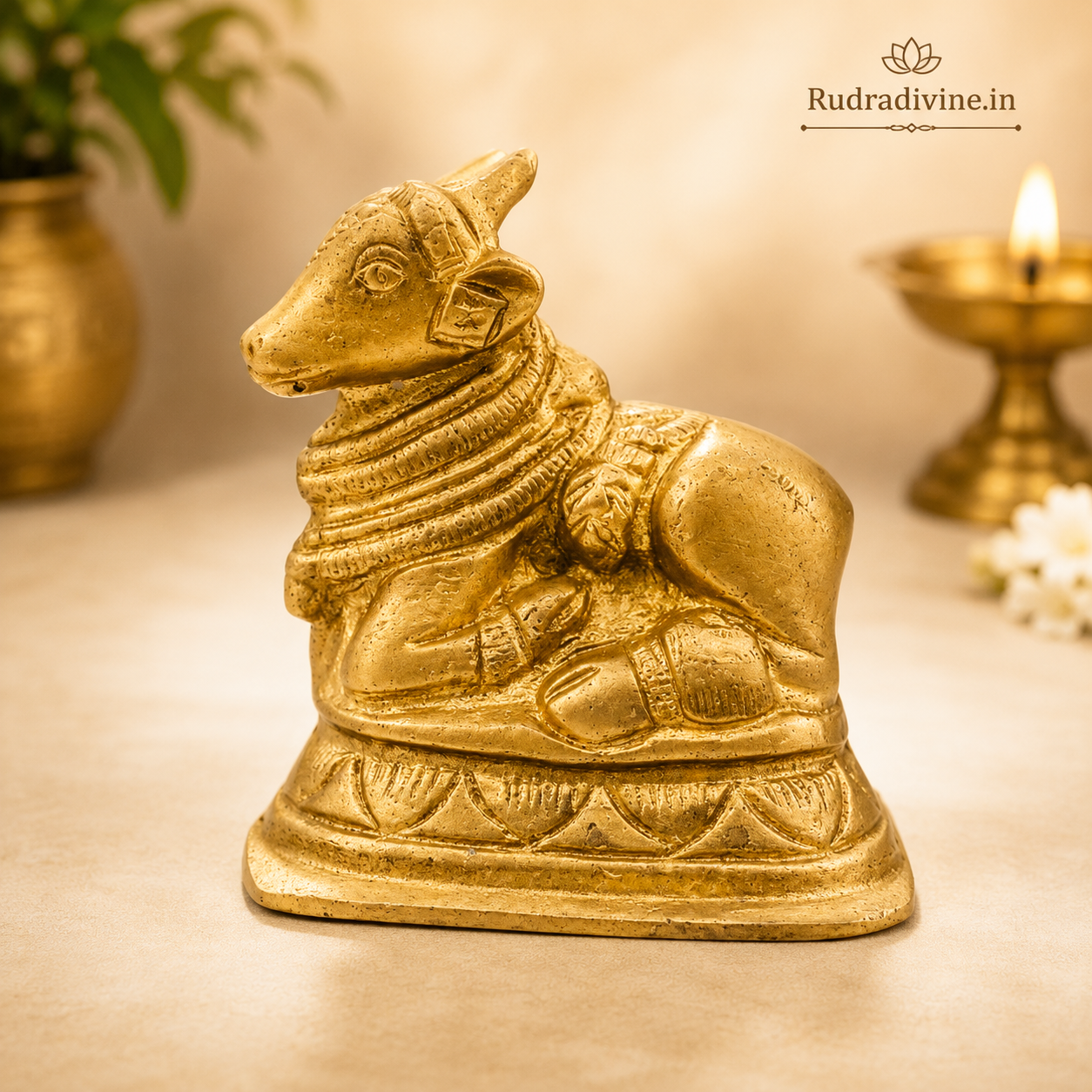 Lab Certified Brass Nandi Murti handcrafted from premium brass by Rudradivine for Lord Shiva worship, Vastu, home temple, and spiritual devotion.