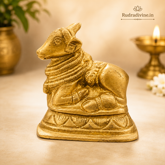 Lab Certified Brass Nandi Murti handcrafted from premium brass by Rudradivine for Lord Shiva worship, Vastu, home temple, and spiritual devotion.