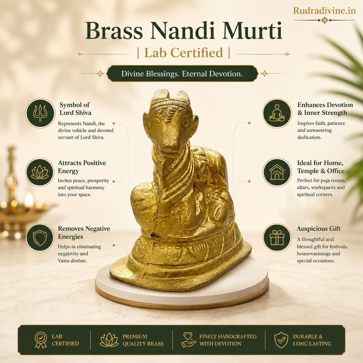 Lab Certified Brass Nandi Murti handcrafted from premium brass by Rudradivine for Lord Shiva worship, Vastu, home temple, and spiritual devotion.