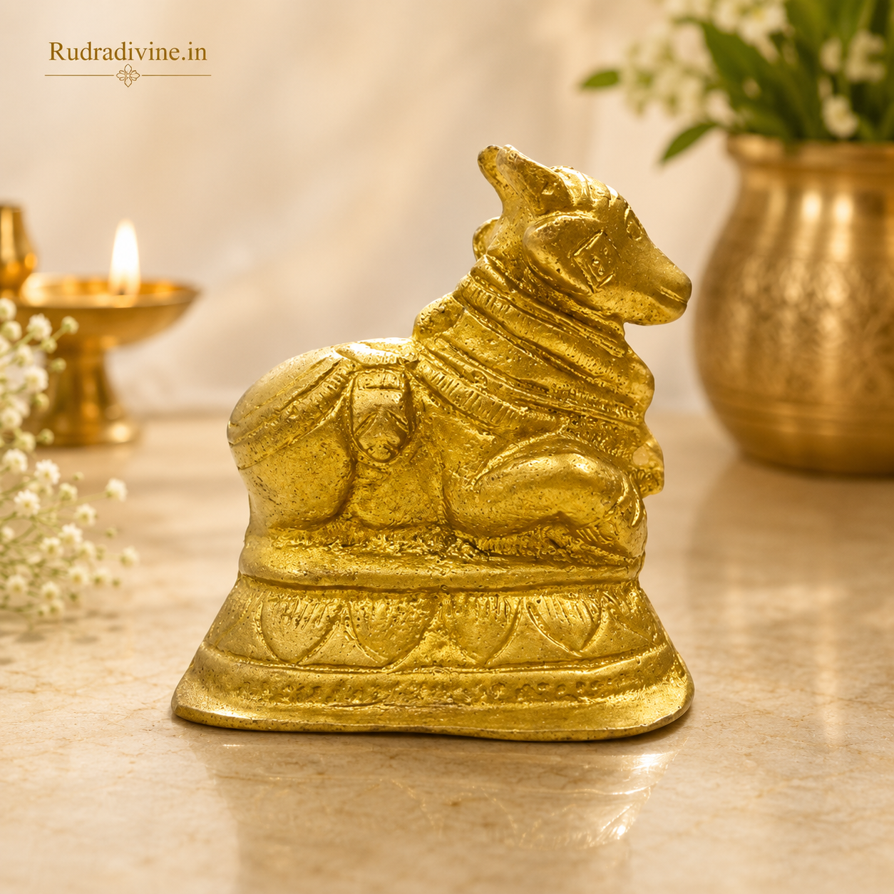 Lab Certified Brass Nandi Murti handcrafted from premium brass by Rudradivine for Lord Shiva worship, Vastu, home temple, and spiritual devotion.
