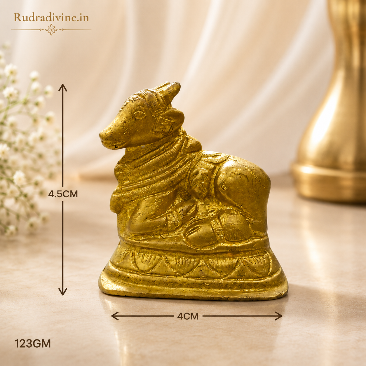 Lab Certified Brass Nandi Murti handcrafted from premium brass by Rudradivine for Lord Shiva worship, Vastu, home temple, and spiritual devotion.
