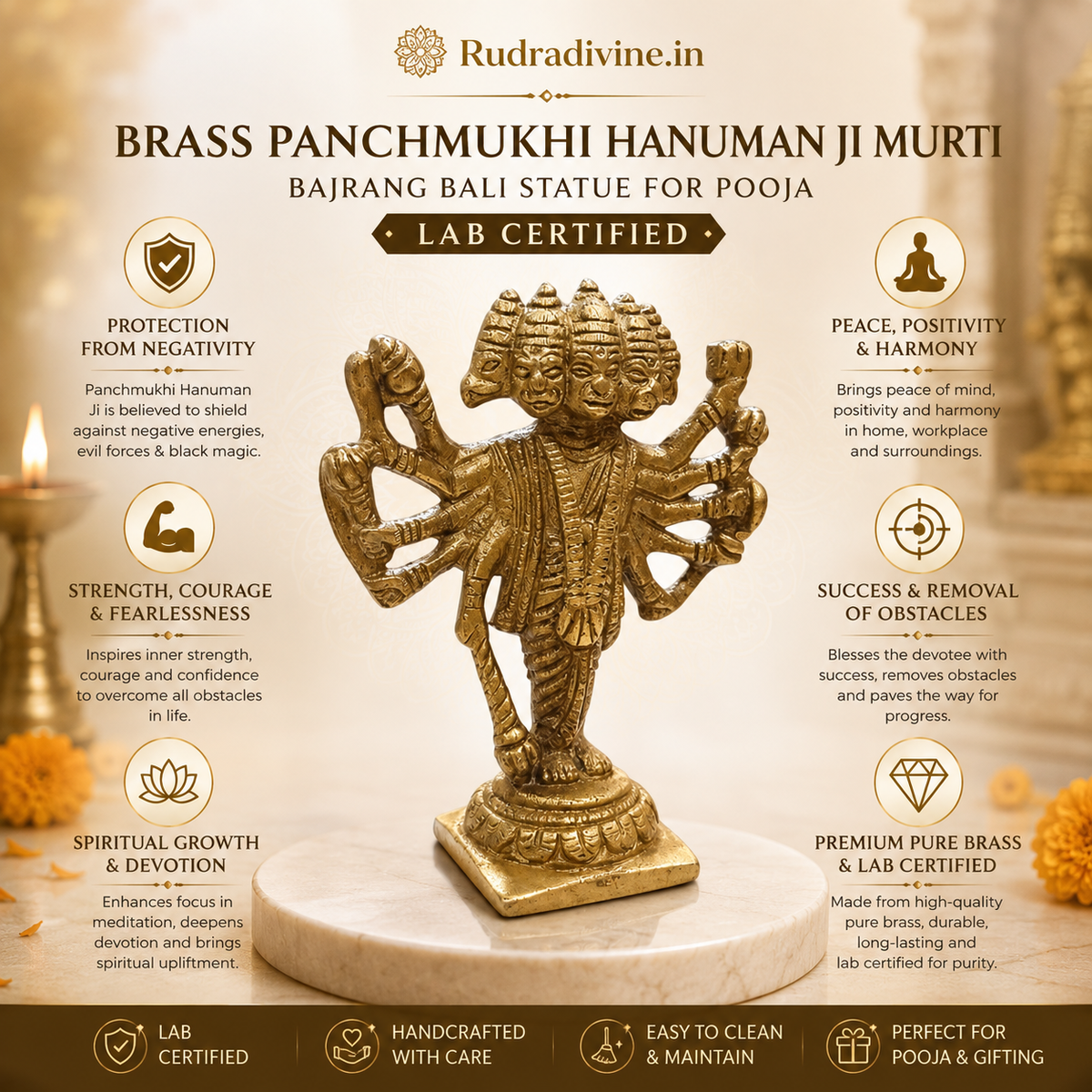 Brass Panchmukhi Hanuman Ji Murti with five divine faces, premium Bajrang Bali brass statue for home temple and pooja with official Lab Certificate by Rudradivine.