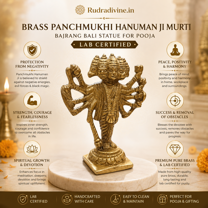 Brass Panchmukhi Hanuman Ji Murti with five divine faces, premium Bajrang Bali brass statue for home temple and pooja with official Lab Certificate by Rudradivine.