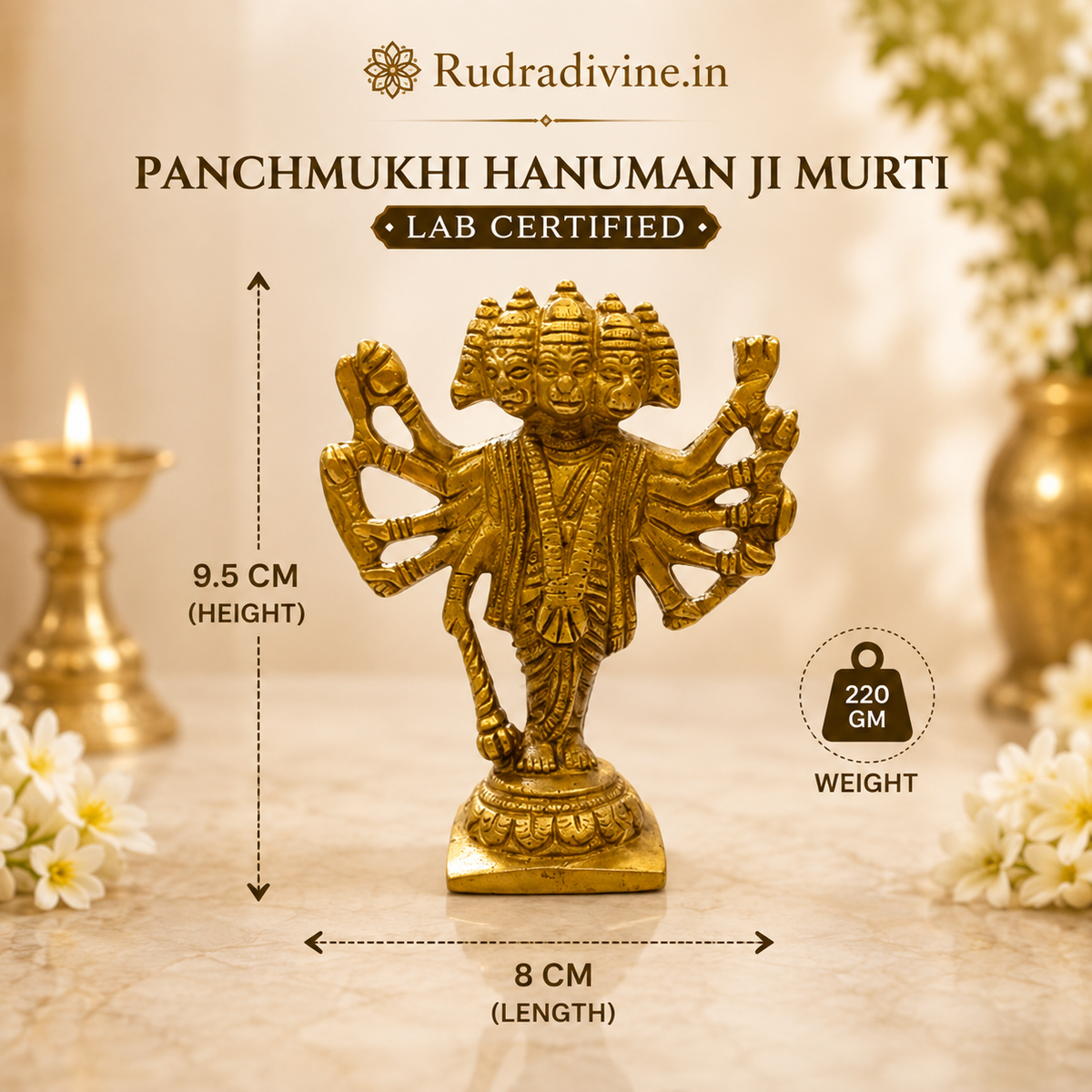 Brass Panchmukhi Hanuman Ji Murti with five divine faces, premium Bajrang Bali brass statue for home temple and pooja with official Lab Certificate by Rudradivine.