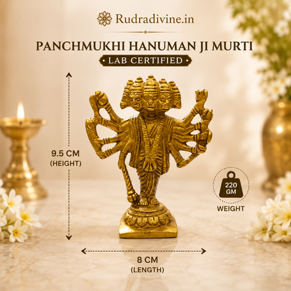 Brass Panchmukhi Hanuman Ji Murti with five divine faces, premium Bajrang Bali brass statue for home temple and pooja with official Lab Certificate by Rudradivine.