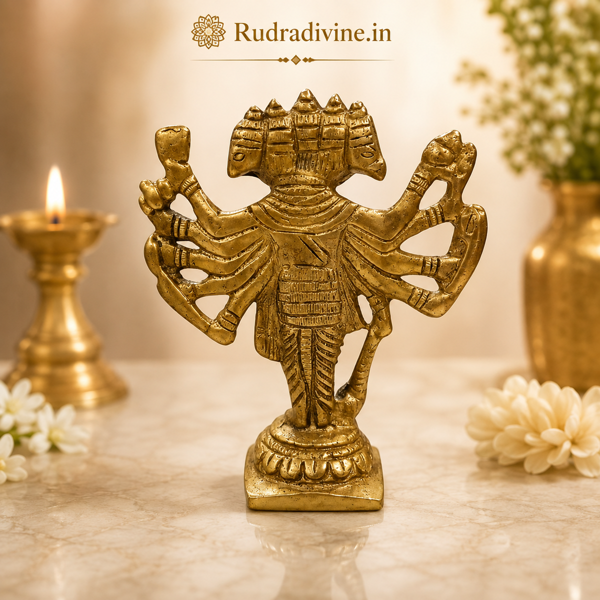 Brass Panchmukhi Hanuman Ji Murti with five divine faces, premium Bajrang Bali brass statue for home temple and pooja with official Lab Certificate by Rudradivine.