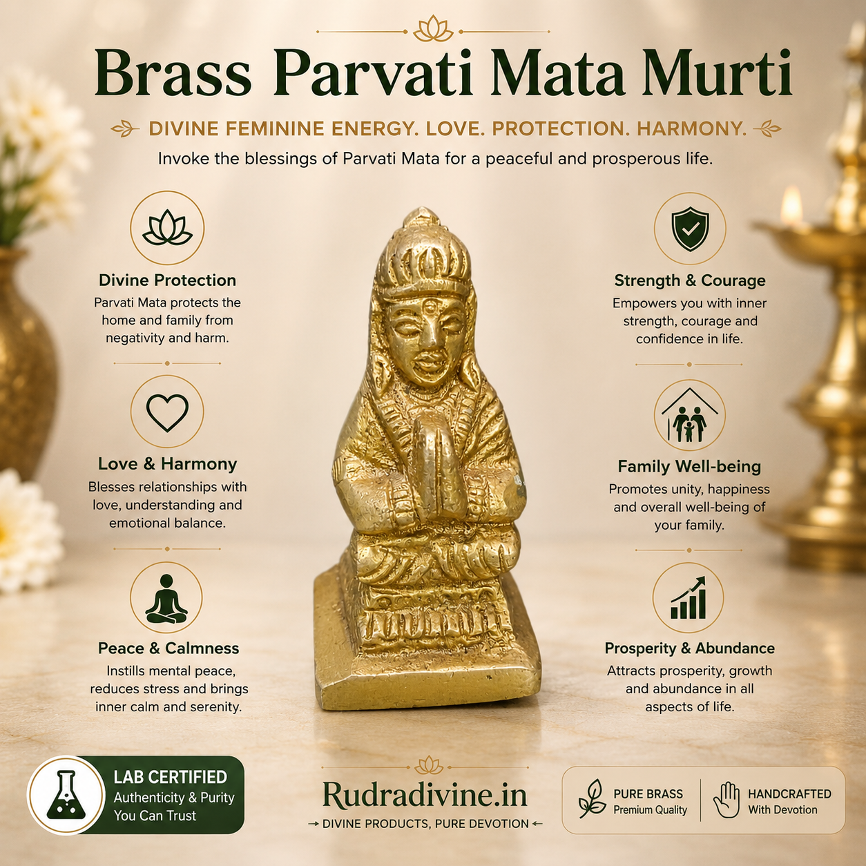 Brass Parvati Mata Murti Small with premium brass finish and official Lab Certificate by Rudradivine, ideal for home temple, daily pooja, spiritual décor, and devotional worship.