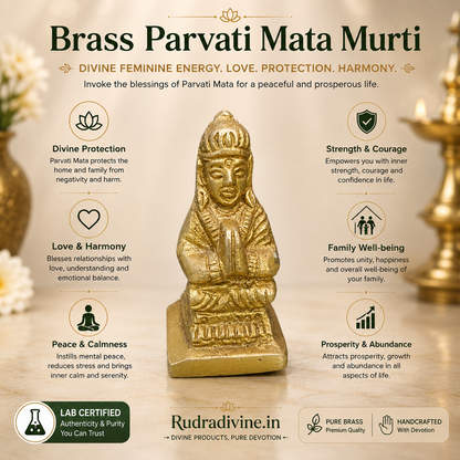 Brass Parvati Mata Murti Small with premium brass finish and official Lab Certificate by Rudradivine, ideal for home temple, daily pooja, spiritual décor, and devotional worship.