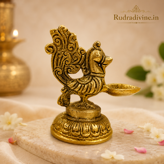 Brass Peacock Jyot with premium brass finish and official Lab Certificate by Rudradivine, ideal for daily pooja, aarti, home temple, festivals, and spiritual décor.