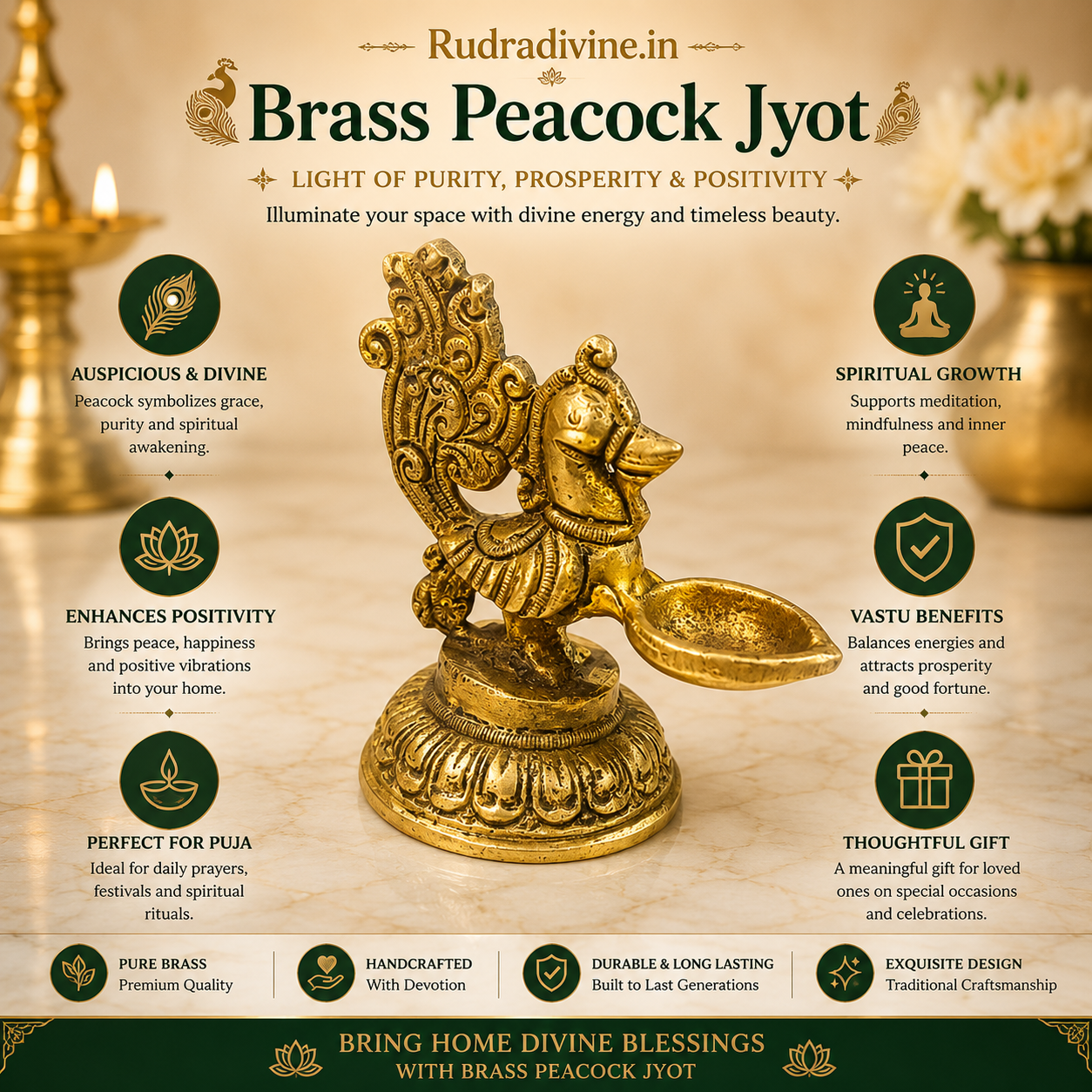Brass Peacock Jyot with premium brass finish and official Lab Certificate by Rudradivine, ideal for daily pooja, aarti, home temple, festivals, and spiritual décor.