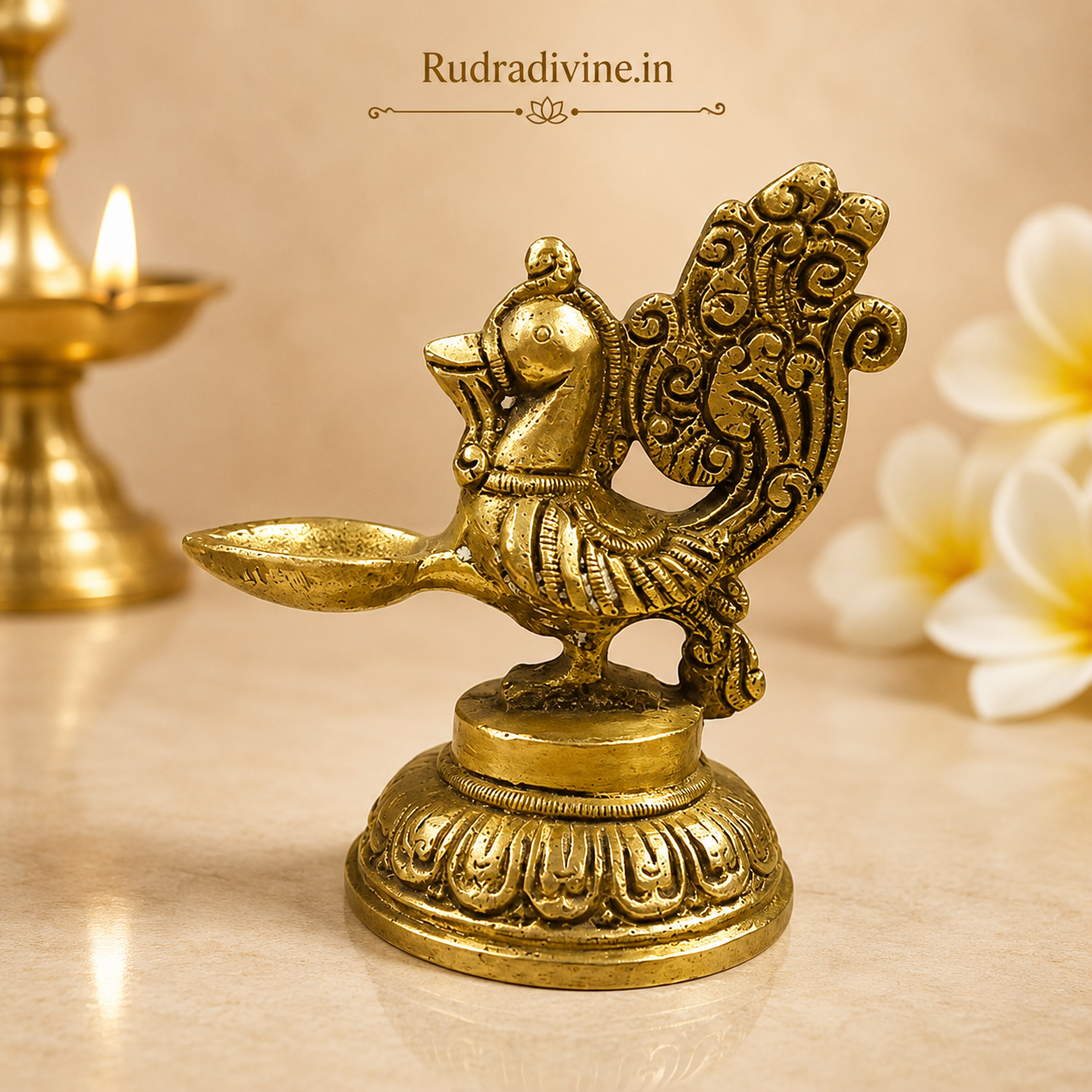 Brass Peacock Jyot with premium brass finish and official Lab Certificate by Rudradivine, ideal for daily pooja, aarti, home temple, festivals, and spiritual décor.