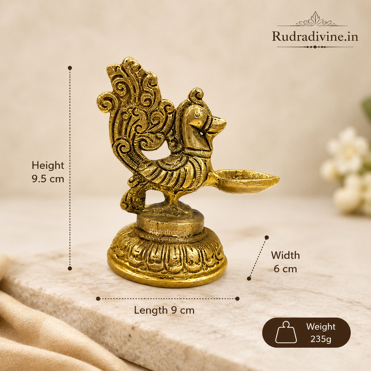 Brass Peacock Jyot with premium brass finish and official Lab Certificate by Rudradivine, ideal for daily pooja, aarti, home temple, festivals, and spiritual décor.