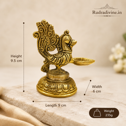 Brass Peacock Jyot with premium brass finish and official Lab Certificate by Rudradivine, ideal for daily pooja, aarti, home temple, festivals, and spiritual décor.