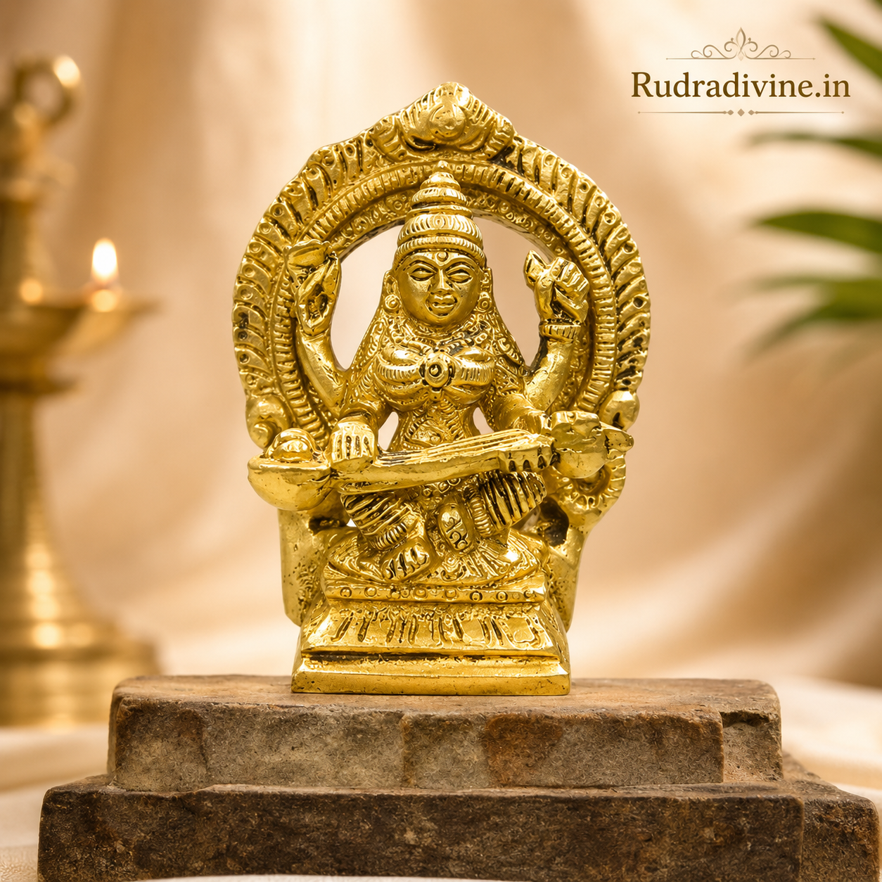 Brass Saraswati Idol crafted from premium brass with official Lab Certificate by Rudradivine, ideal for wisdom, learning, home temple worship and décor.