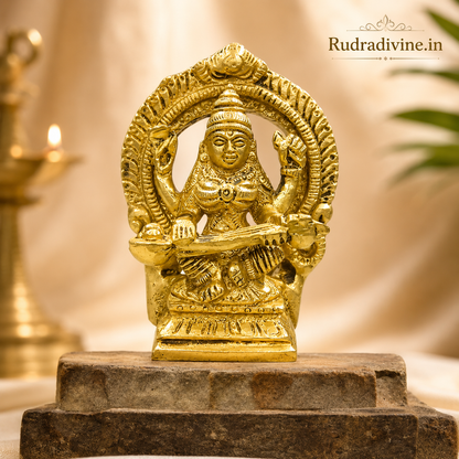 Brass Saraswati Idol crafted from premium brass with official Lab Certificate by Rudradivine, ideal for wisdom, learning, home temple worship and décor.