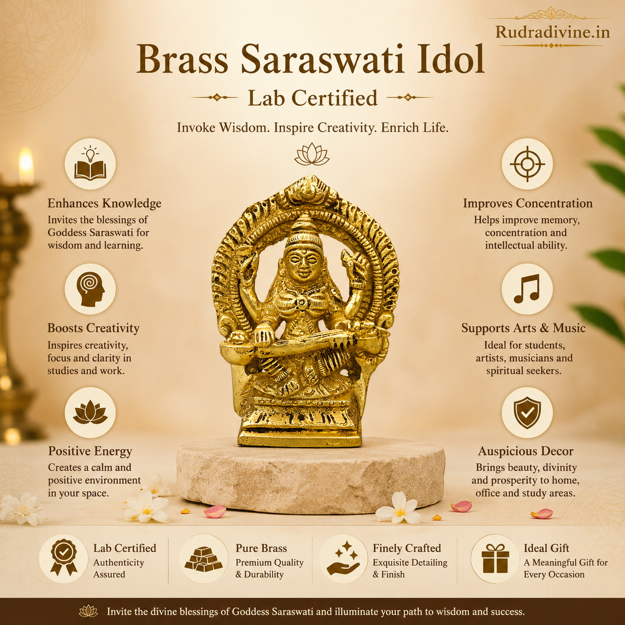 Brass Saraswati Idol crafted from premium brass with official Lab Certificate by Rudradivine, ideal for wisdom, learning, home temple worship and décor.