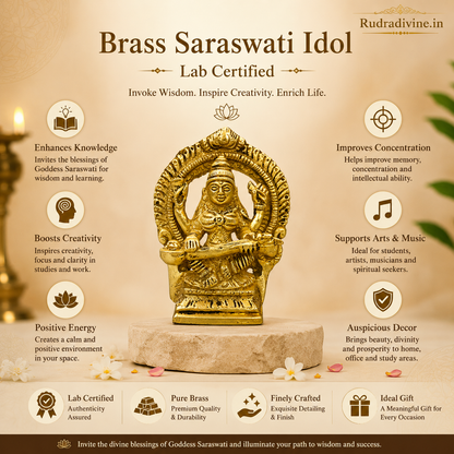 Brass Saraswati Idol crafted from premium brass with official Lab Certificate by Rudradivine, ideal for wisdom, learning, home temple worship and décor.