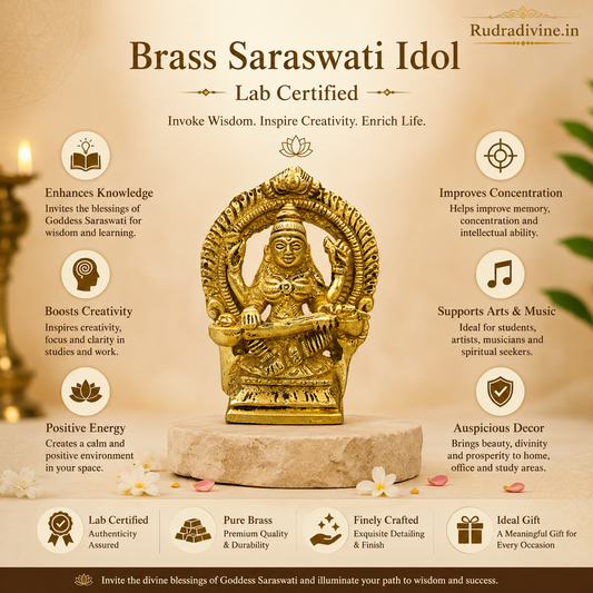 Brass Saraswati Idol crafted from premium brass with official Lab Certificate by Rudradivine, ideal for wisdom, learning, home temple worship and décor.